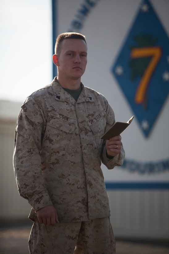 Corporal Stephen Cook, a legal services specialist with Regimental Combat Team 7, is following his grandfatherâ€™s footsteps as a Marine and is currently serving in Helmand province, Afghanistan. â€œMy grandfather had a lot of influence on me, and he was a Marine,â€ said Cook, a 21-year-old native of Walla Walla, Wash. "He was somebody I looked up to, and when I wanted to join a force, I joined the Marine Corps."