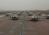 F-16 Fighting Falcons from the 35th and 80th Fighter Squadrons of the 8th
Fighter Wing, Kunsan AB, Republic of Korea; the 4th Fighter Squadron of the
388th Expeditionary Fighter Wing at Hill Air Force Base, Utah; and the 38th
Fighter Group of the ROK Air Force demonstrate an 'Elephant Walk' as they
taxi down the flightline at Kunsan Air Base, Republic of Korea, Dec. 14,
2012. The Elephant Walk was a demonstration of U.S. and ROK air force
capabilities and strength. (U.S. Air Force photo by Staff Sgt. Jonathan Fowler/Released)