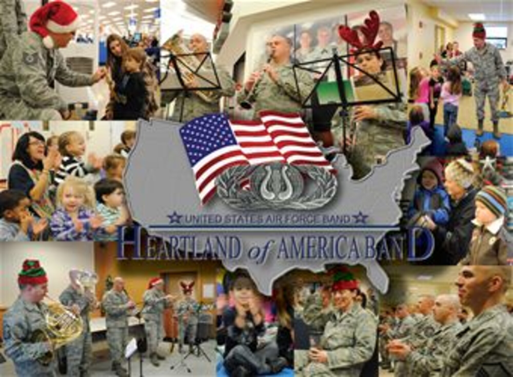 The United States Air Force Heartland of America Band spread holiday cheer by performing at 22 locations around Grand Forks Air Force Base, N.D., Dec. 18 and 19, 2012. (U.S. Air Force photos and graphic/Senior Airman Luis Loza Gutierrez)
