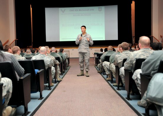 Col. Kyle Kremer, 22nd Air Refueling Wing vice commander, speaks to Team McConnell in preparation for the Commander-In-Chief's Installation Excellence Award selection committee visit Jan. 2, 2013, McConnell Air Force Base, Kan. Kremer spoke on the importance of staying motivated throughout the visit as well as the upcoming year. During their visit, inspectors will tour select squadrons and be briefed on how McConnell delivers total force mission ready Airmen and KC-135 Stratotankers anytime, anywhere. (U.S. Air Force photo/Airman 1st Class Colby L. Hardin)