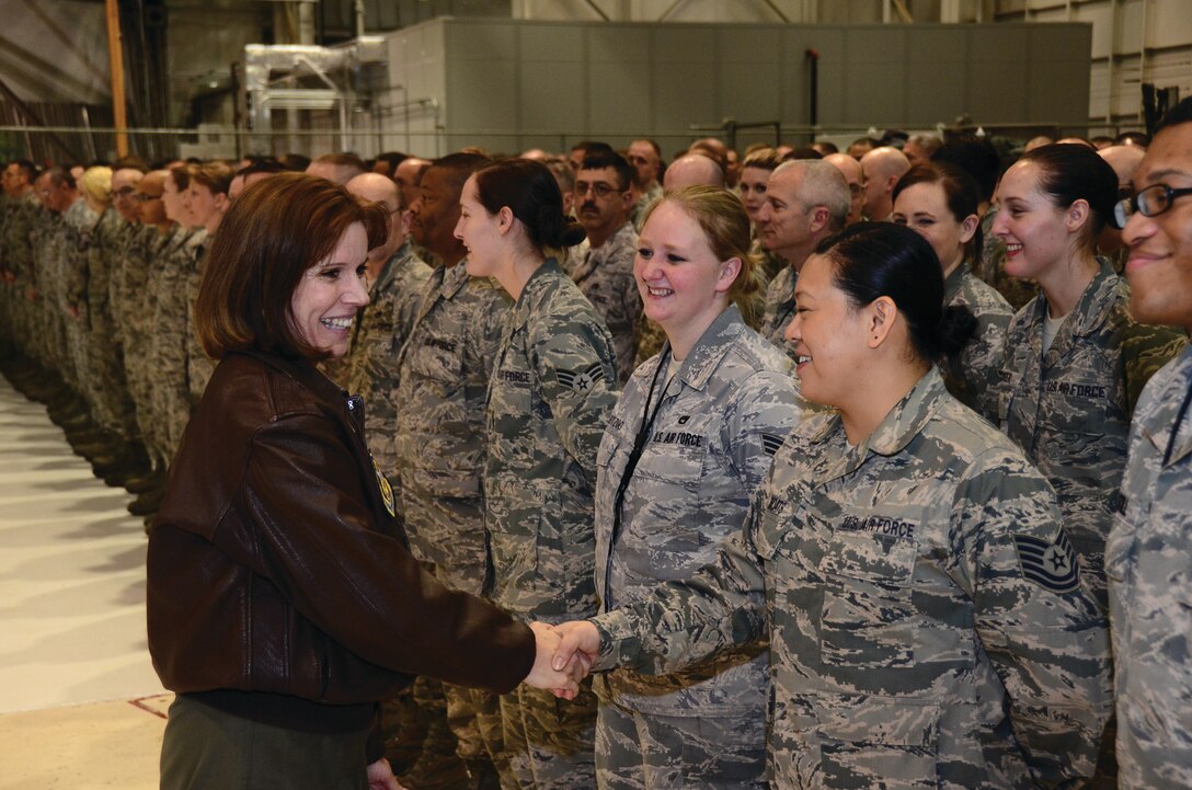 WRIGHT-PATTERSON AIR FORCE BASE, Ohio - Brig. Gen. Pamela Milligan, 4th Air Force vice commander, March Air Reserve Base, Calif., greets 445th Maintenance Group Airmen during her visit to the wing Feb. 3-5. (Photo by Staff Sgt. Mikhail Berlin)