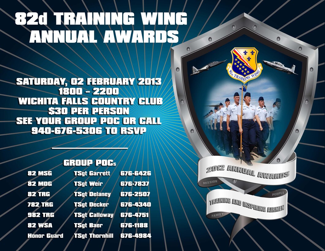 The 82nd Training Wing annual awards banquet will be held Saturday, Feb. 2, at the Wichita Falls Country Club.  Cost to attend is $30.00 and you must RSVP by Jan. 25. (U.S. Air Force graphic/Angela Watson)