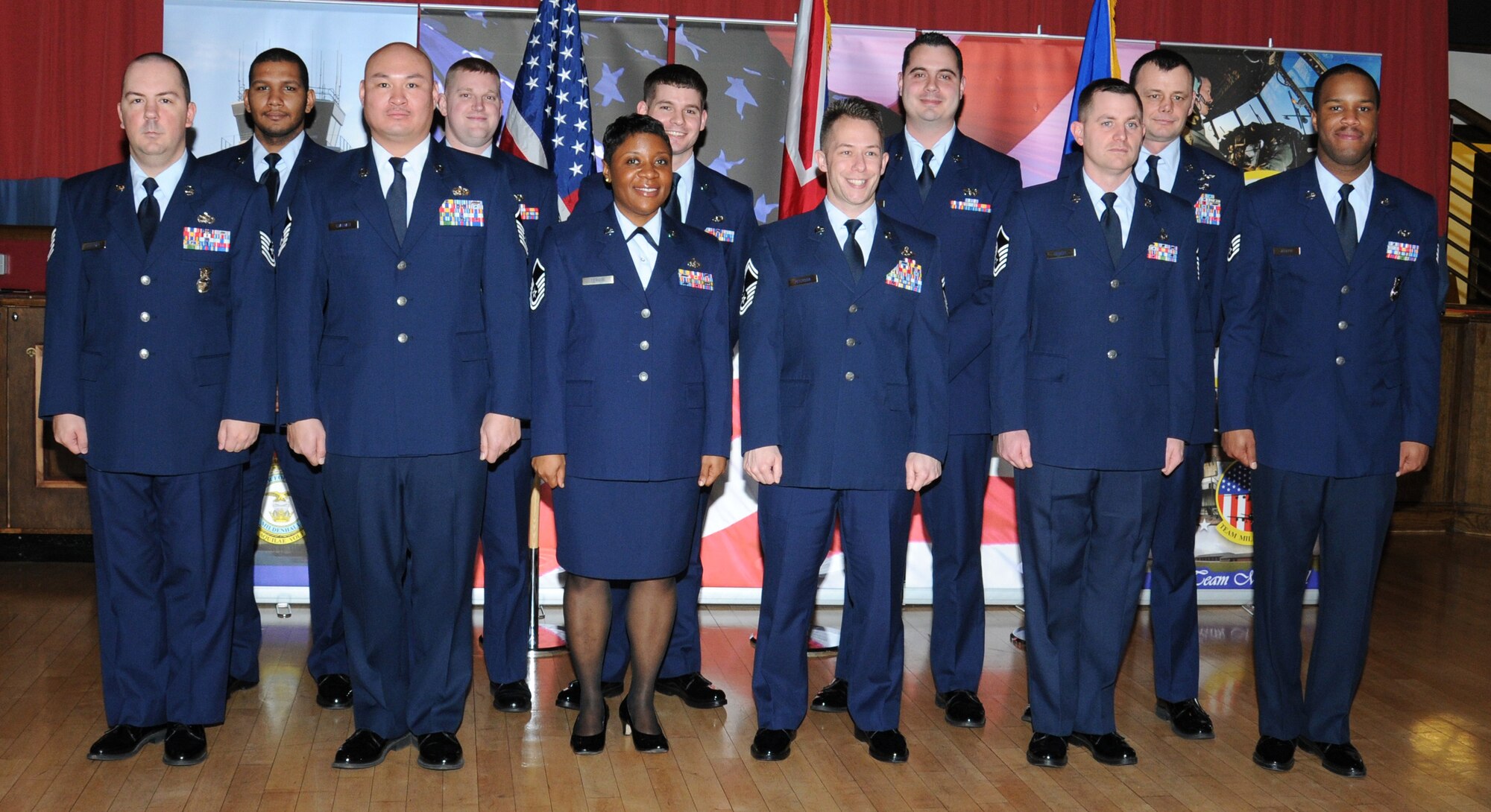 Team Mildenhall’s newest promotees are recognized during a promotion ceremony Dec. 28, 2012, at the Galaxy Club, RAF Mildenhall, England. Monthly promotion ceremonies acknowledge all promotees to the ranks of staff sergeant to chief master sergeant. (U.S. Air Force photo by Gina Randall/Released)