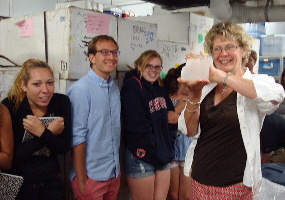 ERDC Cold Regions Research and Engineering Laboratory (CRREL) Arctic Researcher Jackie Richter-Menge poses recently with a piece of a Greenland Ice Core in a minus 24 degree Fahrenheit cold room, while briefing a very chilly group from St. Paul’s School, Concord, N.H. 