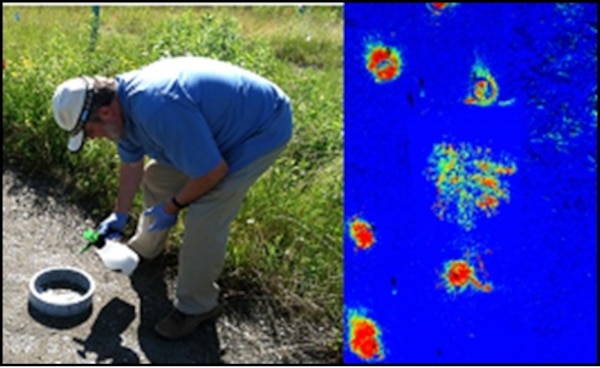 In Figure 2a (left), Dr. Mike Reynolds, ERDC Cold Regions Research and Engineering Laboratory applies optical materials to a test lane for evaluation. In Figure 2b (right) is a LiDAR (Light Detection And Ranging) scan showing disturbed optical materials from an excavation.