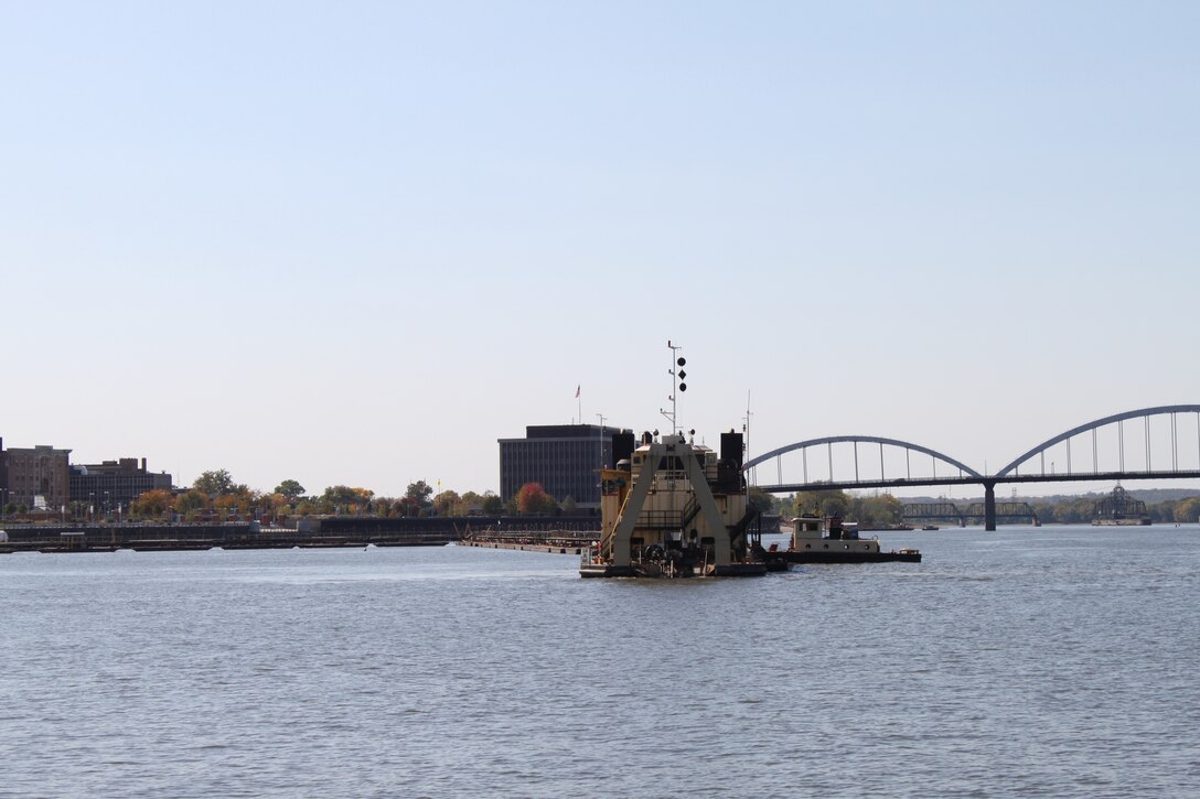 Routine maintenance dredging was conducted below Locks and Dam 15 in September by St. Paul District's Dredge Goetz, removing 10,000 cubic yards of dredge material just below the main lock chamber.