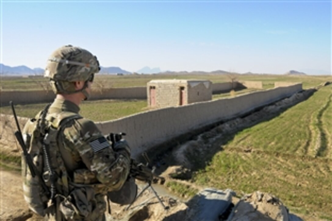 U.S. Army Spc. Kaleb Propst provides security overwatch at a meeting for leaders at a Bala Boluk district building in Afghanistan's Farah province, Jan. 2, 2013. Propst is a security force team member for Provincial Reconstruction Team Farah, which trains, advises and assists Afghan government leaders at the municipal, district, and provincial levels in Farah province.