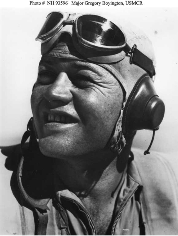 Maj. Gregory “Pappy” Boyington, commanding officer of Marine Fighter Squadron 214, photo circa 1943-1944.