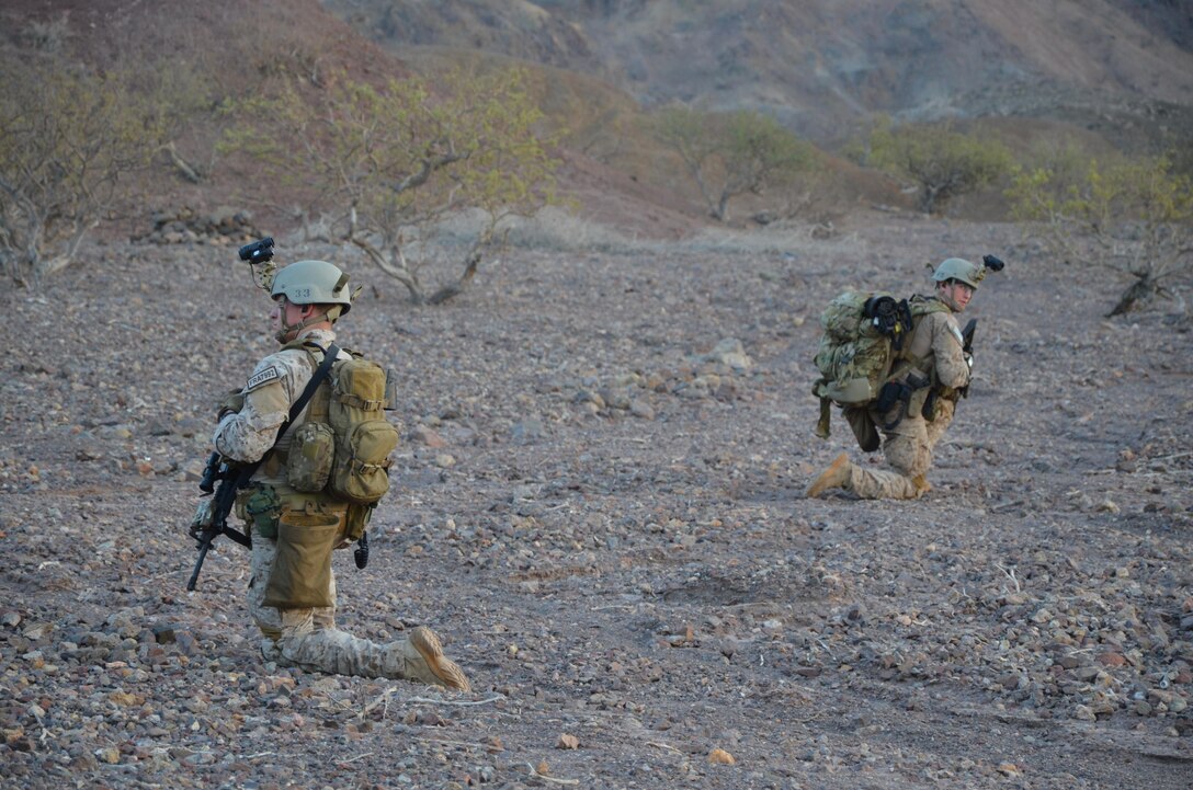 Marines assigned to the 15th Marine Expeditionary Unit (MEU) conduct a patrol in Arta Beach, Djibouti, during sustainment training, Dec. 17. 15th MEU is deployed as part of the Peleliu Amphibious Ready Group as a U.S. Central Command theater reserve force, providing support for maritime security operations and theater security cooperation efforts in the U.S. 5th Fleet area of responsibility. (U.S. Marine Corps photo by Cpl. Richard P. Sanglap-Heramis/Released)


