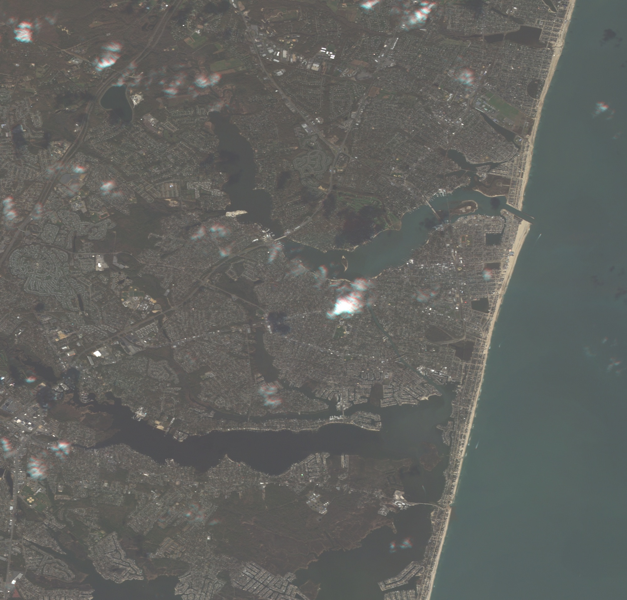 Right center of the image depicts Point Pleasant Beach, NJ. This image is from RapidEye-3. It is a 7-meter multispectral image. Even at 7-meters resolution heavy sand and sediment build up can be seen in the costal roads and streets.
(photo courtesy 169th CF, Eagle Vision/Released)