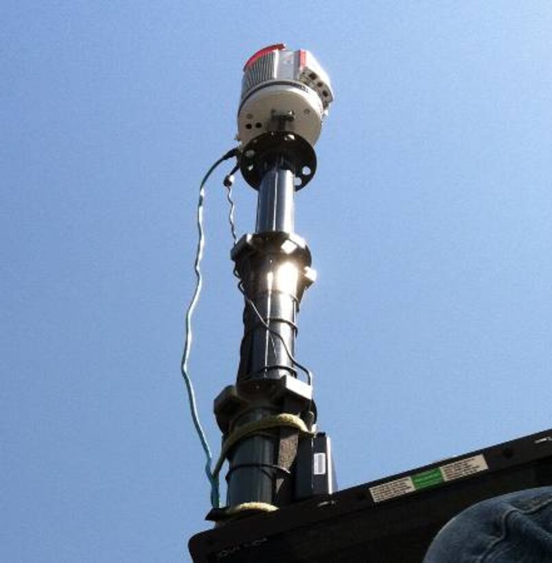 Close-up view of the deployable mast-mounted LiDAR.  