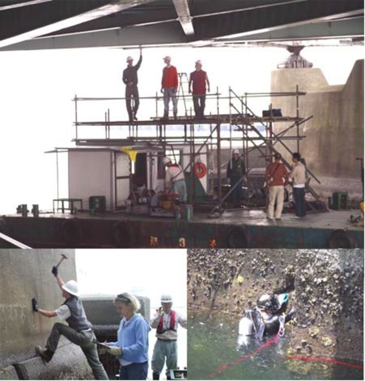 This series of pictures shows the ERDC team, along with consultants, conducting the underwater and fracture-critical inspection of a vehicle and rail-road bridge at Yokohama, North Dock, Japan.