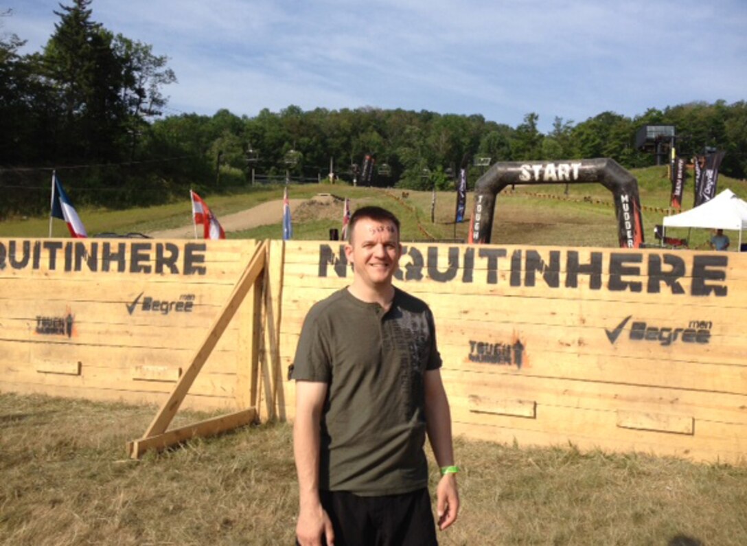ERDC Deputy Commander Maj. Thomas Clair evaluates one of the many obstacles at the Tough Mudder event held recently at Vermont’s Mount Snow.