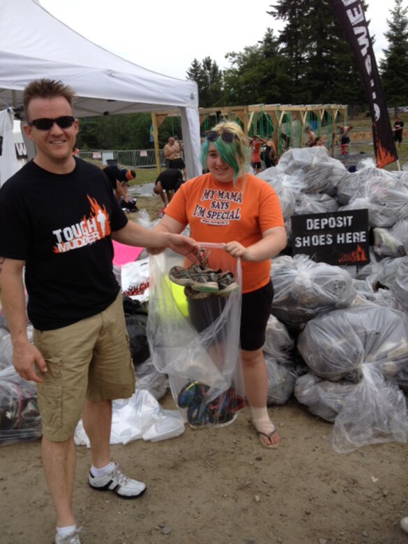 The Tough Mudder organization, as does the Warrior Dash, takes your shoes when you are finished with the race, if you're willing to make the donation. Tough Mudder cleans up each pair and sends them overseas to people in need, while the Warrior Dash grinds the shoes up and turns them into playground mulch. “I guess my old tired running shoes are better than nothing to someone,” said ERDC Deputy Commander Maj. Thomas Clair, a Tough Mudder 2012 and previous Warrior Dash participant. 