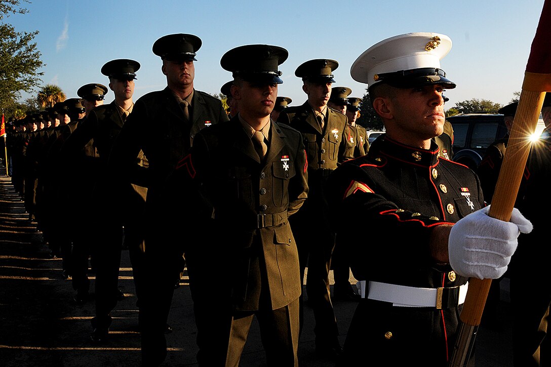 Private First Class Nicholas Villegas, honor graduate of platoon 2000, stands at parade rest with the rest of his platoon before graduation aboard Parris Island, S.C., Jan. 4, 2013. Villegas, a Geneva, Fla., resident, will be the first of his fellow recruits to march on the Parade Deck, signifying the final minutes of being a recruit.  Villegas will soon attend Marine Combat Training at Camp Geiger, N.C., and will receive following-on training as an Assault Amphibious Vehicle (AAV) Crewman. (U.S. Marine Corps photo by Pfc. John-Paul Imbody)