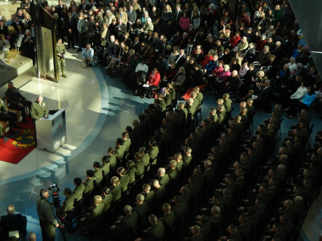 Gen. James F. Amos, commandant of the Marine Corps, addresses the officers-to-be of the Officer Candidates School’s Charlie Co. before swearing them in at the National Museum of the Marine Corps the morning of Dec. 13. 
