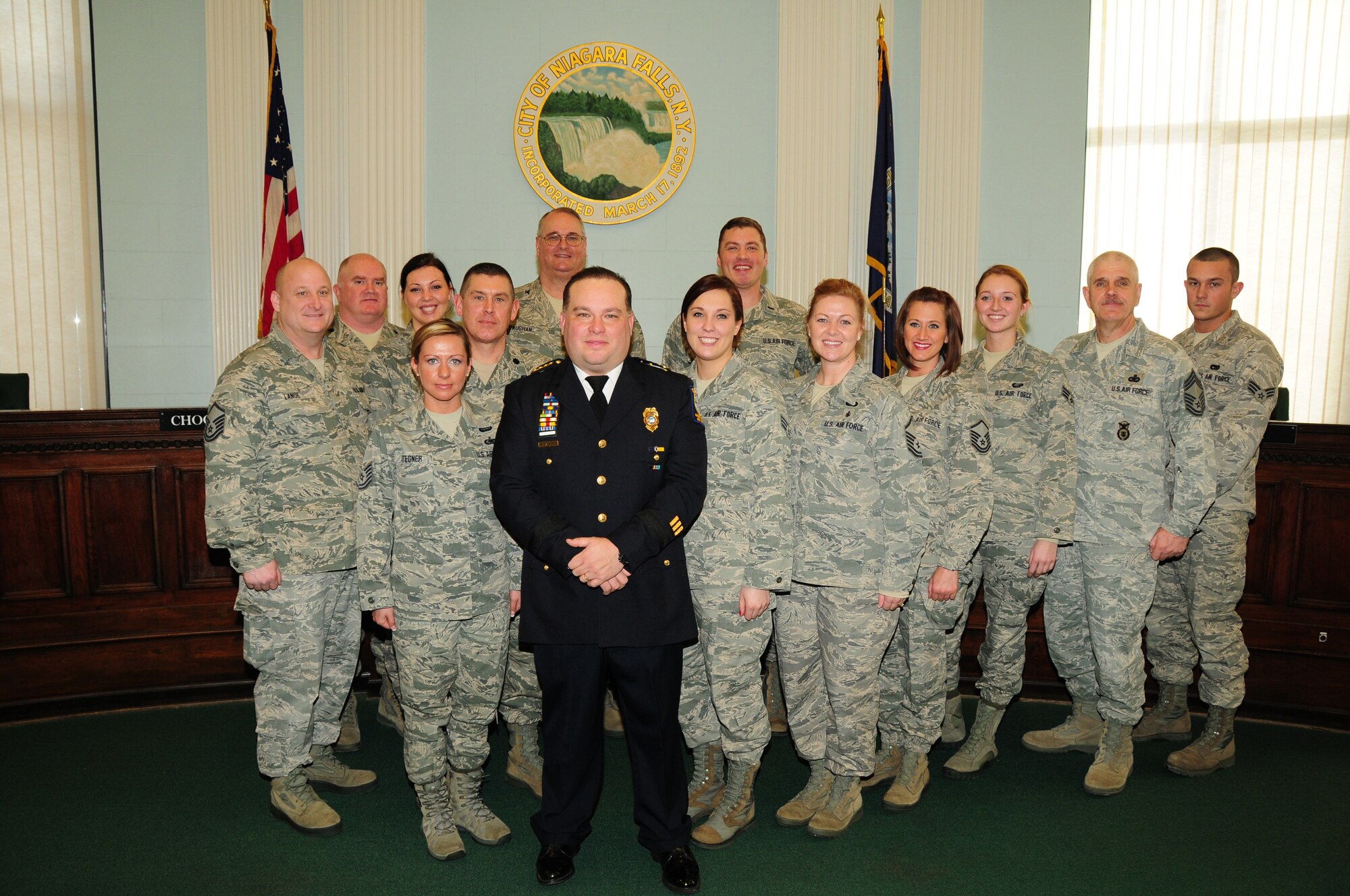 Major Bryan DalPorto, 107th Airlift Wing's Force Support Squadron (FSS) Commander was named the new police superintendent for the city of Niagara Falls, N. Y. and stands with members of his Squadron. Jan 4, 2013 (Air National Guard  Photo/Senior Master Sgt Ray Lloyd)

