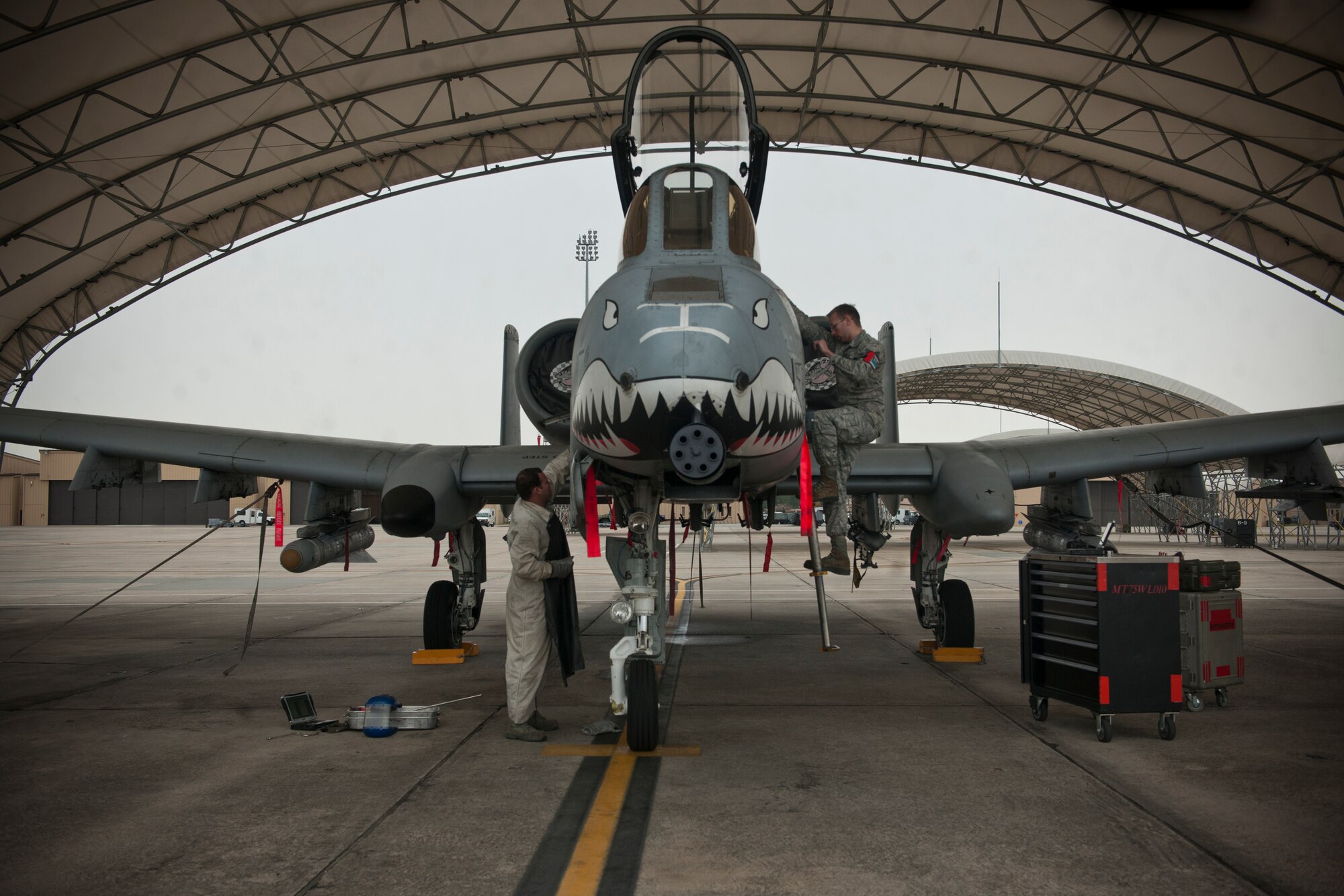 U.S. Air Force Airmen from the 75th Aircraft Maintenance Unit work on an A-10C Thunderbolt II at Moody Air Force Base, Ga., Jan. 3, 2013. Pilots and crew chiefs must check over the aircraft and ensure everything is functioning properly before every take off. (U.S. Air Force photo by Airman Alexis Grotz/Released)