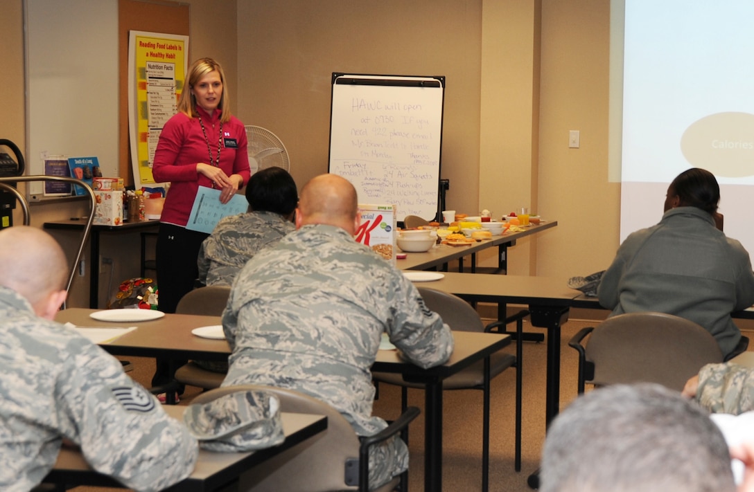 Sandra Manuel, Better Body/Better Life program manager, teaches students about healthy carbs at the Health and Wellness Center at the Pitsenbarger Fitness Center Jan. 3, 2013.  The class runs five weeks focusing on making consistent and healthy lifestyle changes. (U.S. Air Force photo/Felton Joshua)