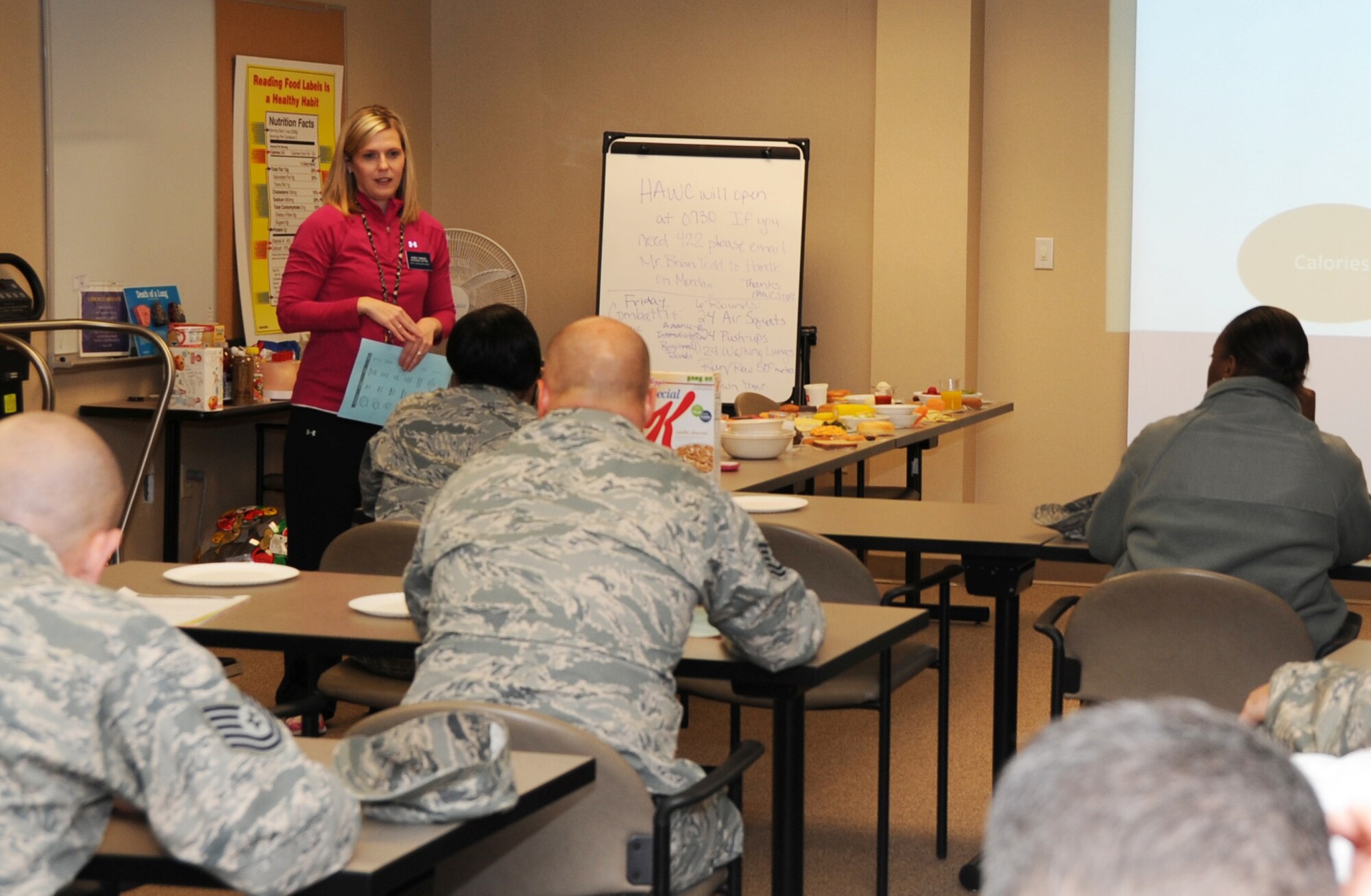 Sandra Manuel, Better Body/Better Life program manager, teaches students about healthy carbs at the Health and Wellness Center at the Pitsenbarger Fitness Center Jan. 3, 2013.  The class runs five weeks focusing on making consistent and healthy lifestyle changes. (U.S. Air Force photo/Felton Joshua)