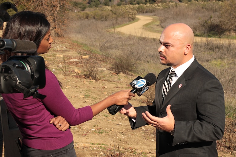 Tomas Beauchamp-Hernandez, Operations Branch chief speaks with KABC TV during an interview Jan. 3. "Environmental stewardship is critical to the way the Corps does business," said Beauchamp-Hernandez. Work on the U.S. Army Corps of Engineers Los Angeles District's five-year vegetation management project for the Sepulveda Dam Flood Control Basin was halted late December 2012 to host further discussion with the San Fernando Valley Audubon Society, Sepulveda Basin Wildlife Steering Committee and other stakeholders. 