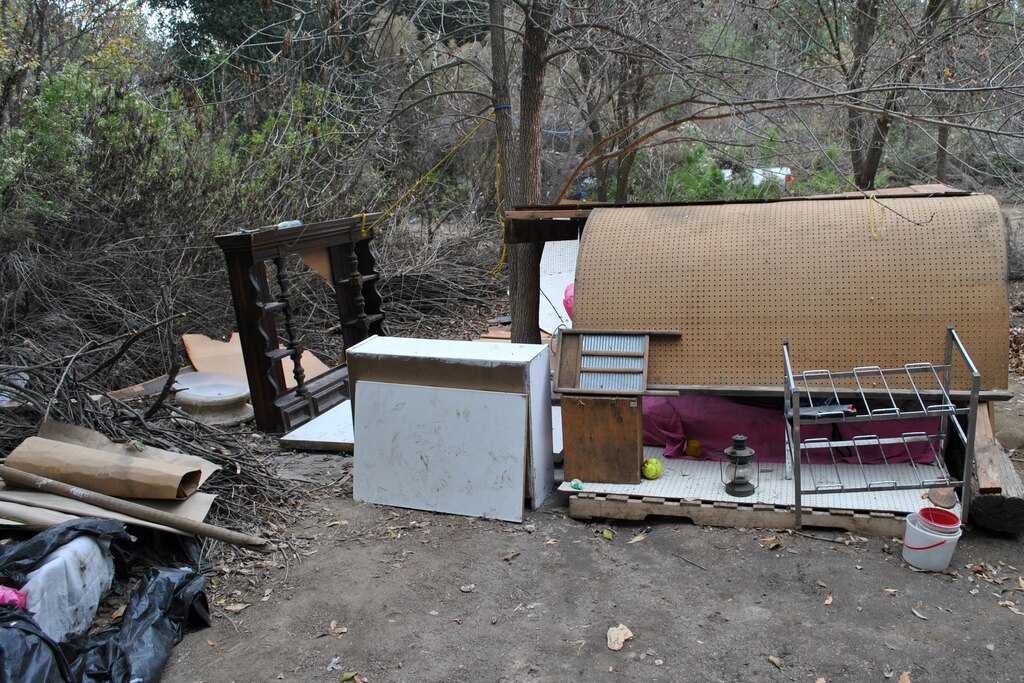 Trash in the vegetative management area south of Burbank Boulevard. The five-year vegetation management plan is restricted to the 48 acres south of the boulevard and will reintroduce diverse, sustainable native species while maintaining the basin's primary function flood risk management.