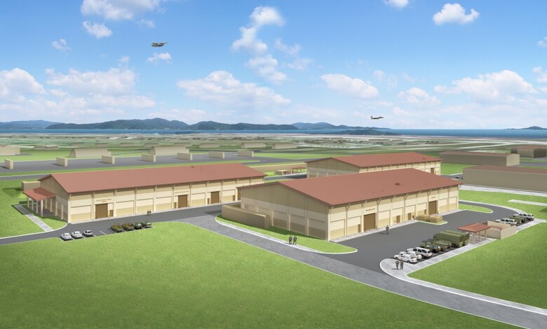 An artist's rendering of the new maintenance complex at Kunsan Air Base completed by the U.S. Army Corps of Engineers Far East District. Leaders and representatives from Kunsan Air Base cut the ribbon on the final phase of the complex Dec. 18. This new complex consolidates maintenance facilities which were spread out over the air base.