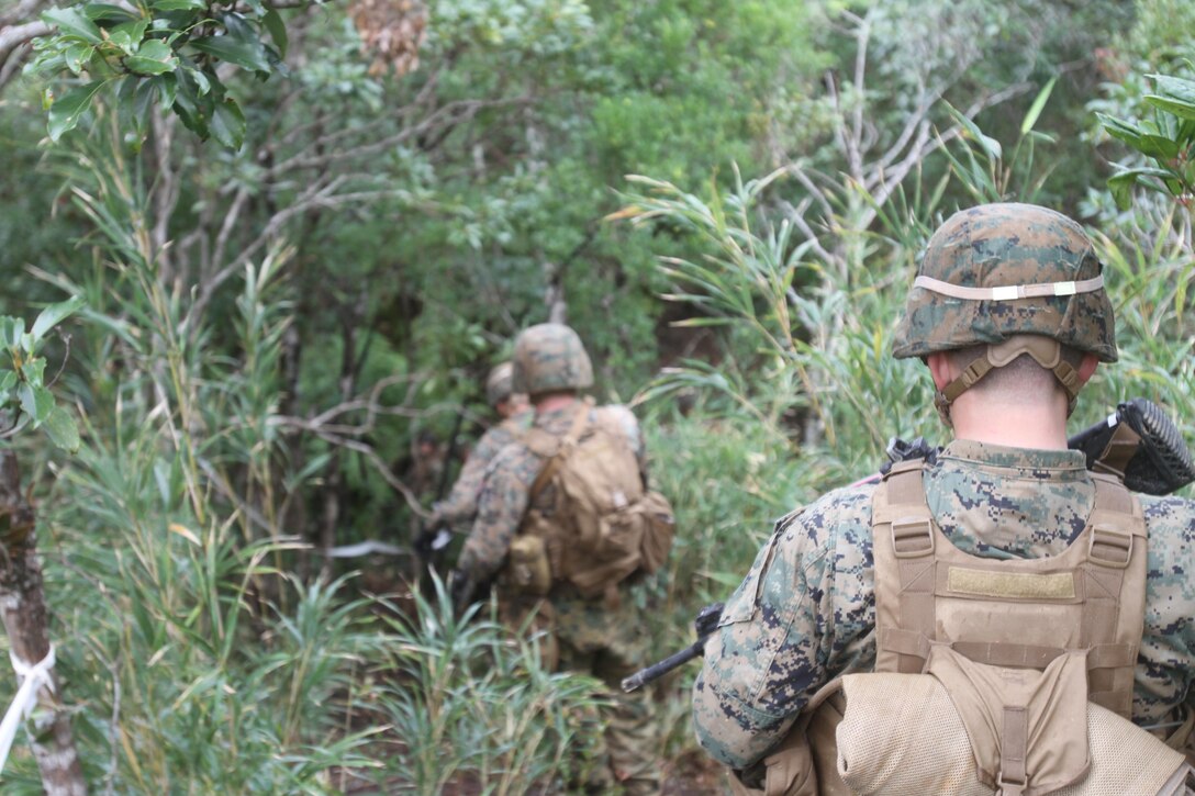 Marines and Sailors with Battalion Landing Team 1st Battalion, 5th Marine Regiment, 31st Marine Expeditionary Unit, make their way through the thick jungle to begin a live-fire exercise here, Jan 4. The Marines and Sailors of BLT 1/5 conducted this training to hone their combat skills in a jungle environment. The 31st MEU is the only continuously forward-deployed MEU and is the Marine Corps’ force in readiness in the Asia-Pacific region.