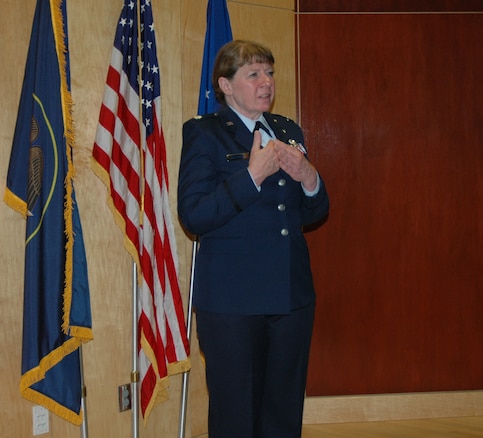 Lt. Col. Cecilia Nackowski spoke to an audience of family members and colleagues during her retirement ceremony at the Utah Air National Guard Base. Dec. 2. Nackowski formally retired after 35 years of military service. (U.S. Air Force photo by Capt. Wayne Lee)(RELEASED)
