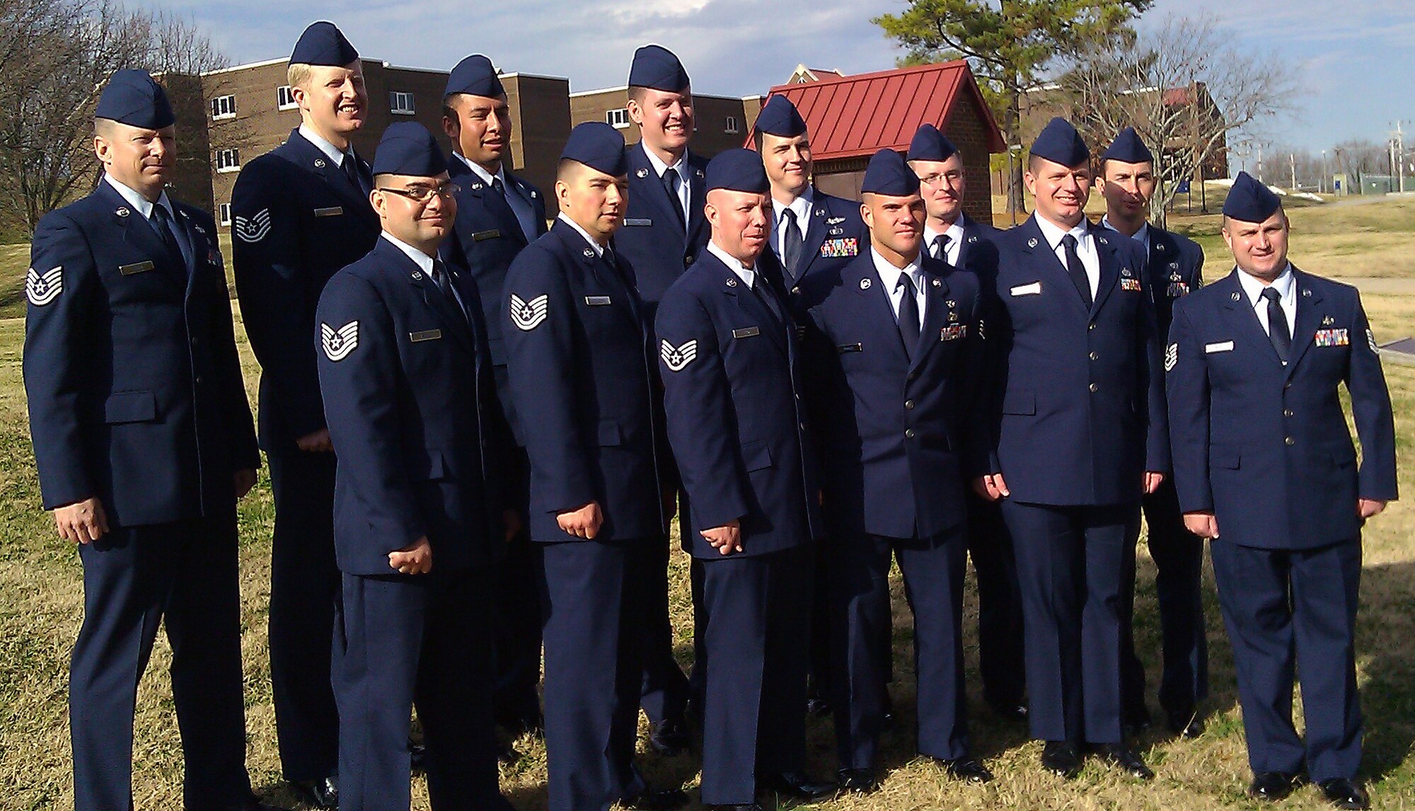Thirteen members of the Utah Air National Guard graduated from the Noncommissioned Officer Academy at McGhee Tyson Air National Guard Base, Tenn. on Dec. 12. Front row (left to right): Technical Sergeants Ricky Carrillo, Dusty Littleford, John Stroh, Adam Baker, Robert Petersen and Jarod Rich. Back row (left to right): Technical Sergeants Harry Grow, Kevin Gowers, Daniel Dominguez, David Bauer, Corey McCumber, Will Paetsch and Jeffrey Uberti. To graduate these Guardmembers attended a 13-week class at the Utah ANG base, then completed two additional weeks of training at McGhee Tyson ANG. (Air Force photo courtesy of Senior Master Sgt. Jay Rose/Released)