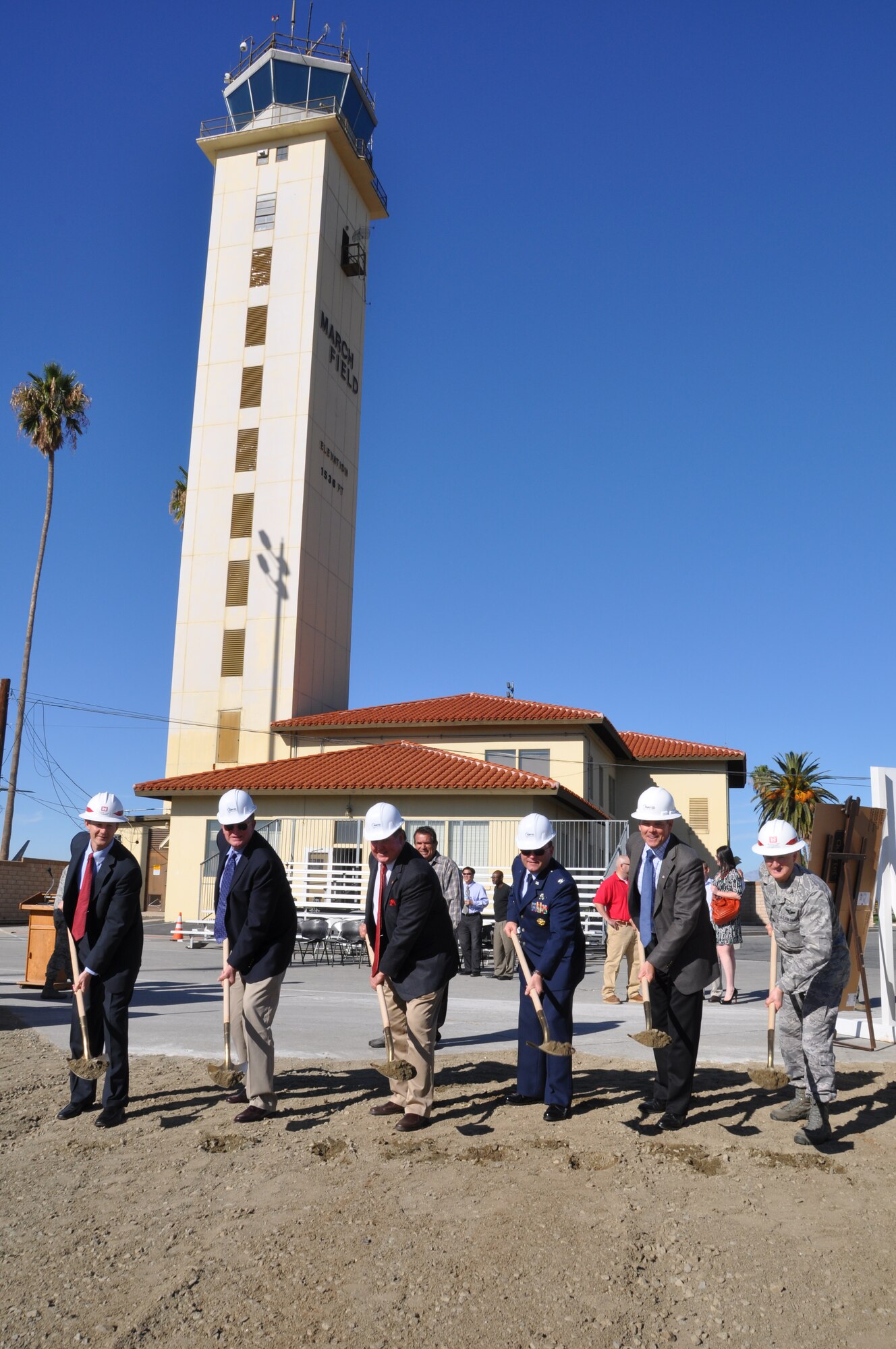 The U.S. Army Corps of Engineers, Los Angeles District joined community leaders in December to break ground for the new March Air Reserve Base's nearly 16,000 sq. foot airfield traffic control tower and base operations facility. (U.S. Air Force photo by SSgt Carrie Peasinger)

