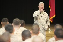 The 35th and current Commandant of the U.S. Marine Corps, Gen. James F. Amos, addressed Marines serving in Bahrain at the Naval Support Activity Bahrain Multi-Purpose Room in the NSA Bahrain Freedom Souq, Dec. 27. The Commandant and Sergeant Major of the Marine Corps, SgtMaj. Micheal P. Barrett, visited Marines serving in the U.S. Central Command area of responsibility over the holidays. 