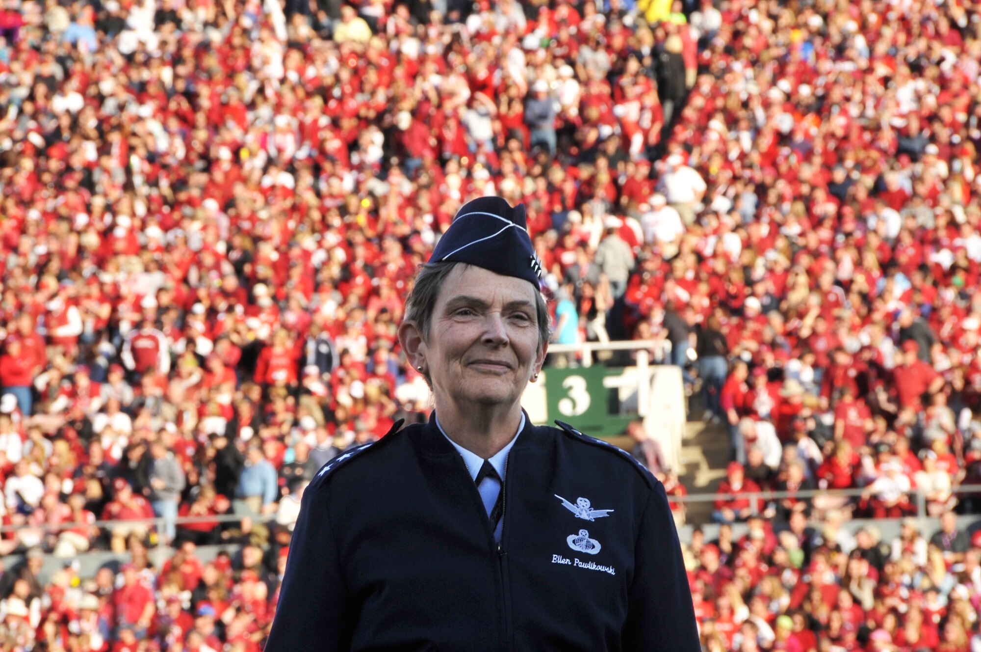Lieutenant General Ellen Pawlikowski, SMC commander, is introduced on the field during the Rose Bowl game, Jan. 1. Stanford beat Wisconsin, 20 to 14.  (Photo by Sarah Corrice)