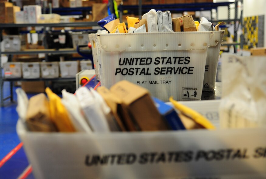 Mail trays sit full waiting to be sorted at the Northside Post Office on Ramstein Air Base, Germany, Dec. 18, 2012. The post office receives its highest customer traffic during the holiday season. (U.S. Air Force photo/Airman 1st Class Jordan Castelan)