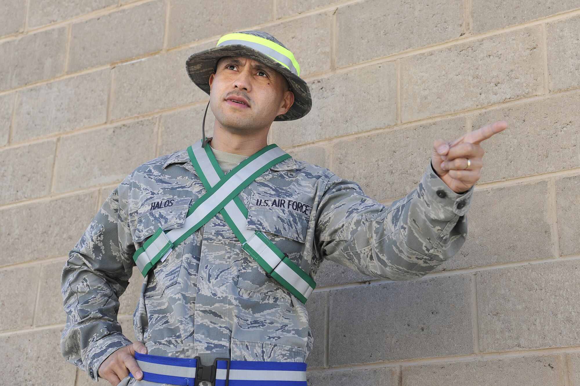 Technical Sgt. Victor Halos, 386th Expeditionary Wing Safety, performs his duty as a safety inspector at an undisclosed deployed location in Southwest Asia on Jan. 4, 2013.  Halos was awarded this weeks “Rock Solid Warrior” designation by the 386 Air Expeditionary Wing.  (U.S. Air Force photo by Staff Sgt. Austin Knox)