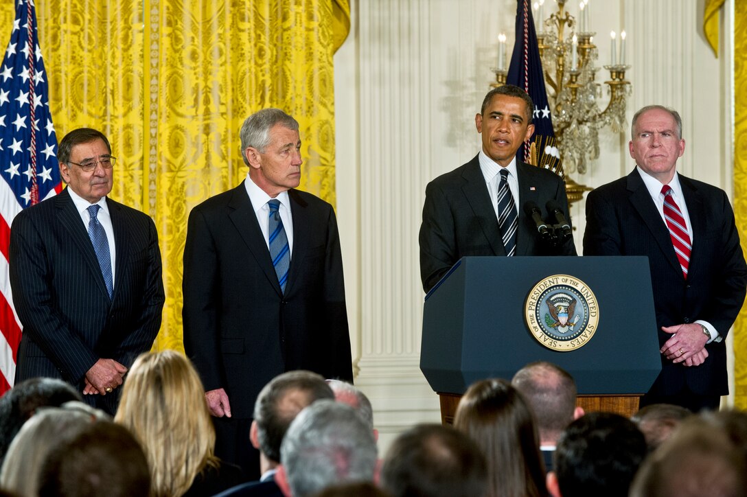 President Barack Obama announces his nominations of Chuck Hagel, second from left, as the next defense secretary and John Brennan, far right, as the next CIA director as Defense Secretary Leon E. Panetta, far left, looks on at the White House, Jan. 7, 2013. Hagel, a former U.S. senator from Nebraska, earned two Purple Hearts as an infantry squad leader during the Vietnam War, and Brennan is the deputy national security advisor for homeland security and counterterrorism. DOD photo by U.S. Navy Petty Officer 1st Class Chad J. McNeeley 
