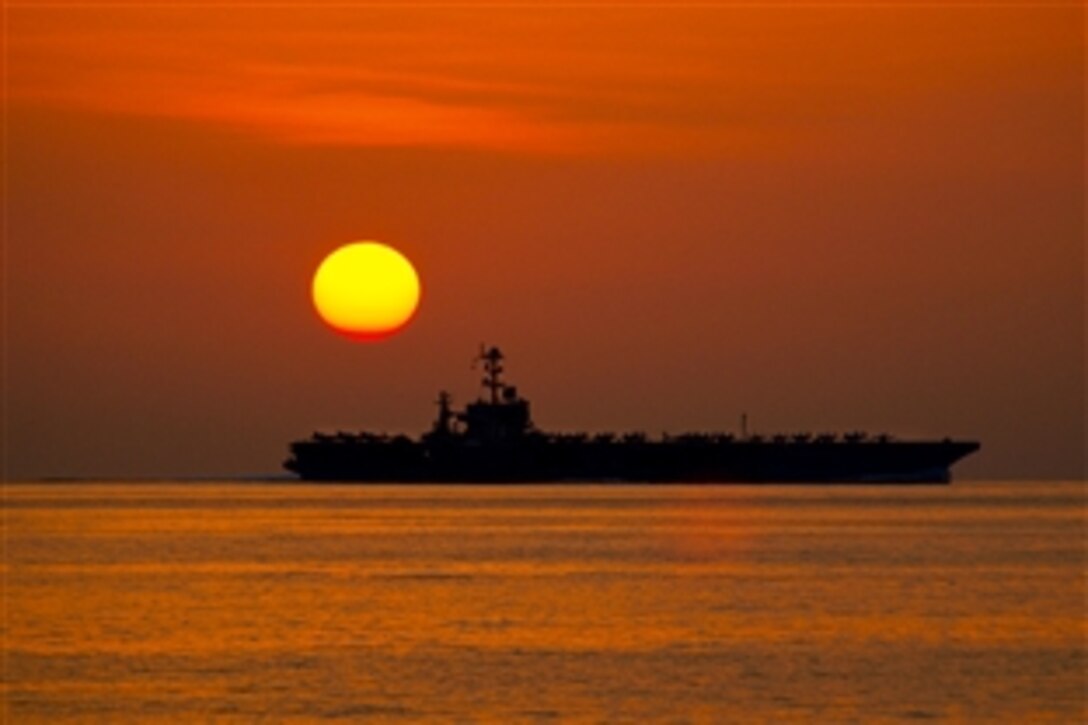 The aircraft carrier the USS John C. Stennis operates during sunset in the Arabian Sea in the U.S. 5th Fleet area of responsibility, Jan. 5, 2012 The Stennis is conducting maritime security operations, theater security cooperation efforts and support missions for Operation Enduring Freedom.  