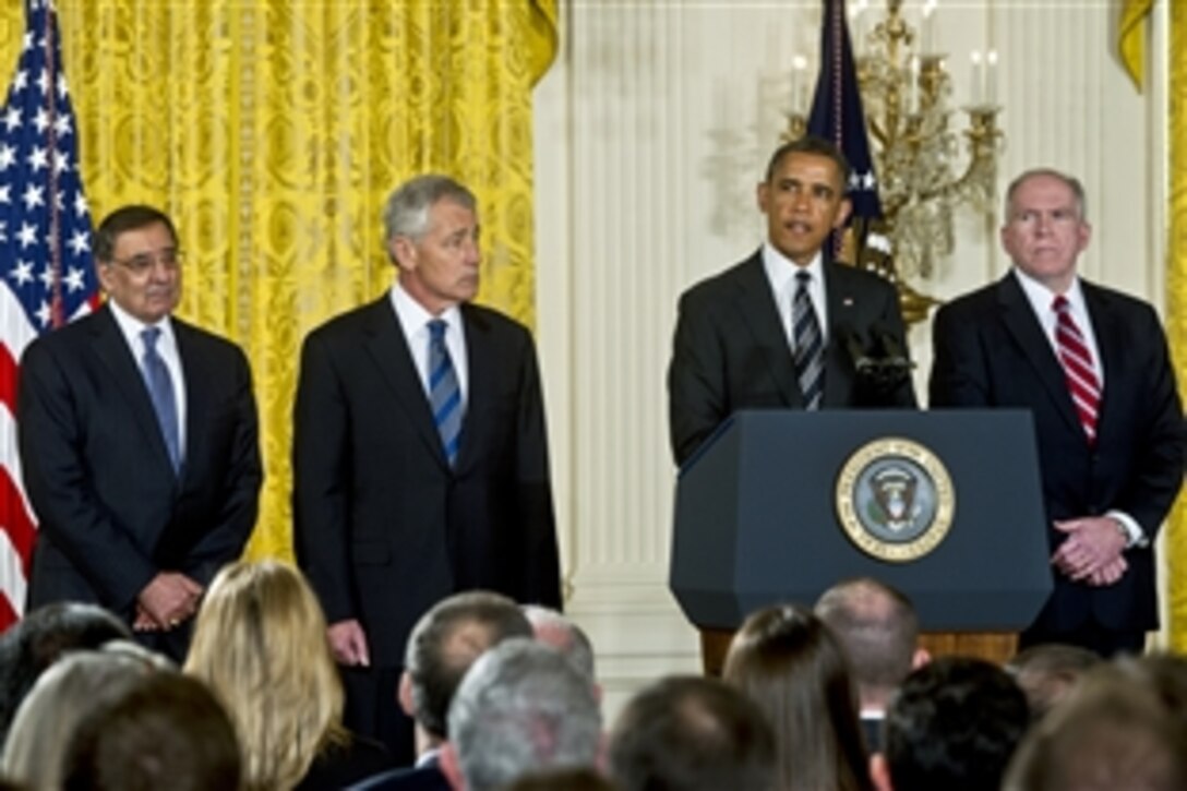 President Barack Obama announces his nominations of Chuck Hagel, second from left, as the next defense secretary and John Brennan, far right, as the next CIA director as Defense Secretary Leon E. Panetta, far left, looks on at the White House, Jan. 7, 2013. Hagel, a former U.S. senator from Nebraska, earned two Purple Hearts as an infantry squad leader during the Vietnam War, and Brennan is the deputy national security advisor for homeland security and counterterrorism.