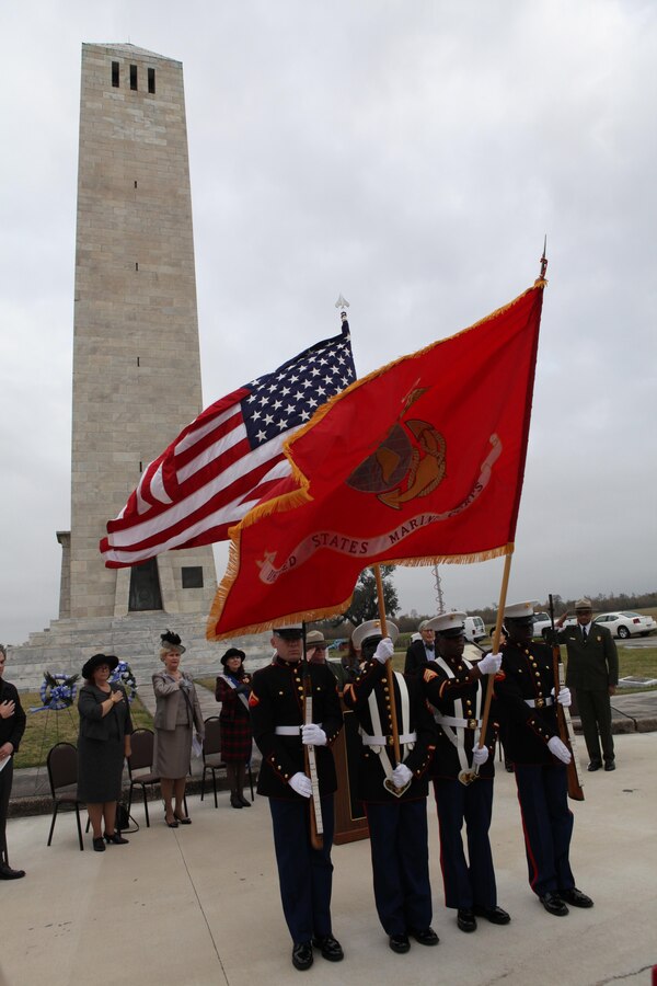 The color guard, assigned to Headquarters Battalion, Marine Forces Reserve, present national and organizational colors during the wreath-laying ceremony at the Chalmette Monument in New Orleans Jan. 8, 2013.  The event marked the 198th Commemoration of the Battle of New Orleans and was presented by the United States Daughters of 1812. (U.S. Marine Corps photo by Sgt. Ray Lewis/Released)
