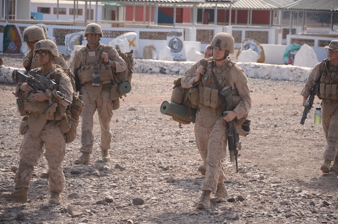 Marines assigned to Kilo Company, Battalion Landing Team 3/5, 15th Marine Expeditionary Unit (MEU), prepare to return to amphibious assault ship USS Peleliu (LHA 5) after completing an exercise at Arta Beach, Djibouti, Dec. 13. 15th MEU is deployed as part of the Peleliu Amphibious Ready Group as a U.S. Central Command theater reserve force, providing support for maritime security operations and theater security cooperation efforts in the U.S. 5th Fleet area of responsibility. (U.S. Marine Corps photo by Cpl. Richard P. Sanglap-Heramis/Released)  