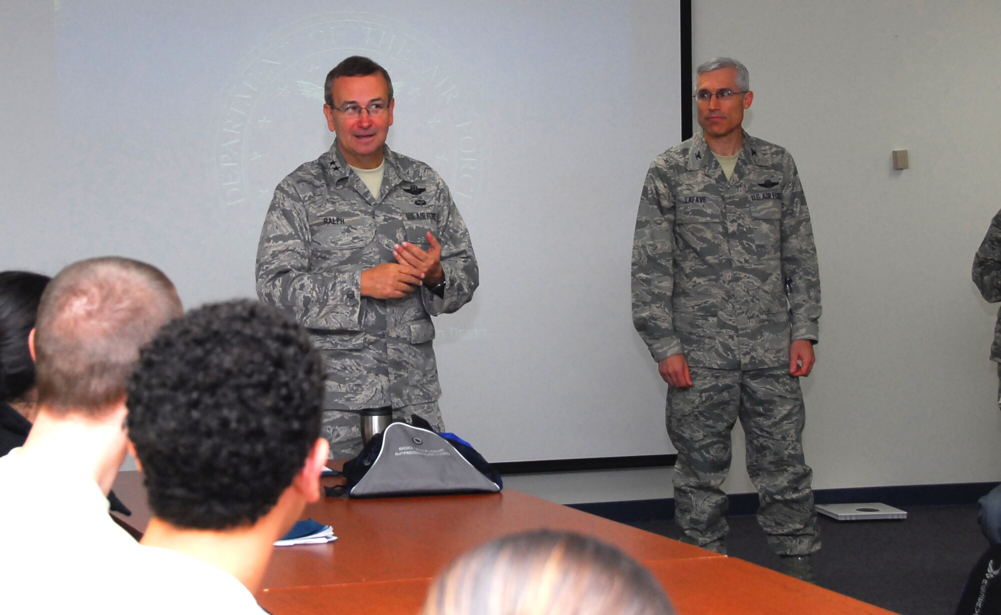 Maj. Gen. Donald C. Ralph, Mobilization Assistant to the Commander, U.S. Air Forces Europe, talks with members of the 403rd Wing Development and Training Flight during his tour of the 403rd Wing here Jan. 5, 2013. Ralph visited with wing members during the January unit training assembly to stress the importance of education, mentorship, and job success.  (U.S. Air Force photo/Tech. Sgt. Jessica L. Kendziorek)