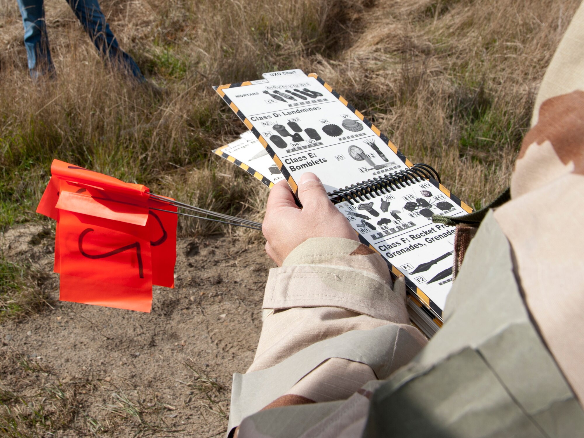 VANDENBERG AIR FORCE BASE, Calif. -- A Team V Airman consults with an Airman’s Manual to identify an Unexploded Ordinance during a practice for a Northstar exercise at Cocheo Park here Monday, Jan. 7, 2013. Northstar is an exercise that helps train and test Airmens’ abilities in a simulated deployed environment. (U.S. Air Force photo/Senior Airman Lael Huss)
