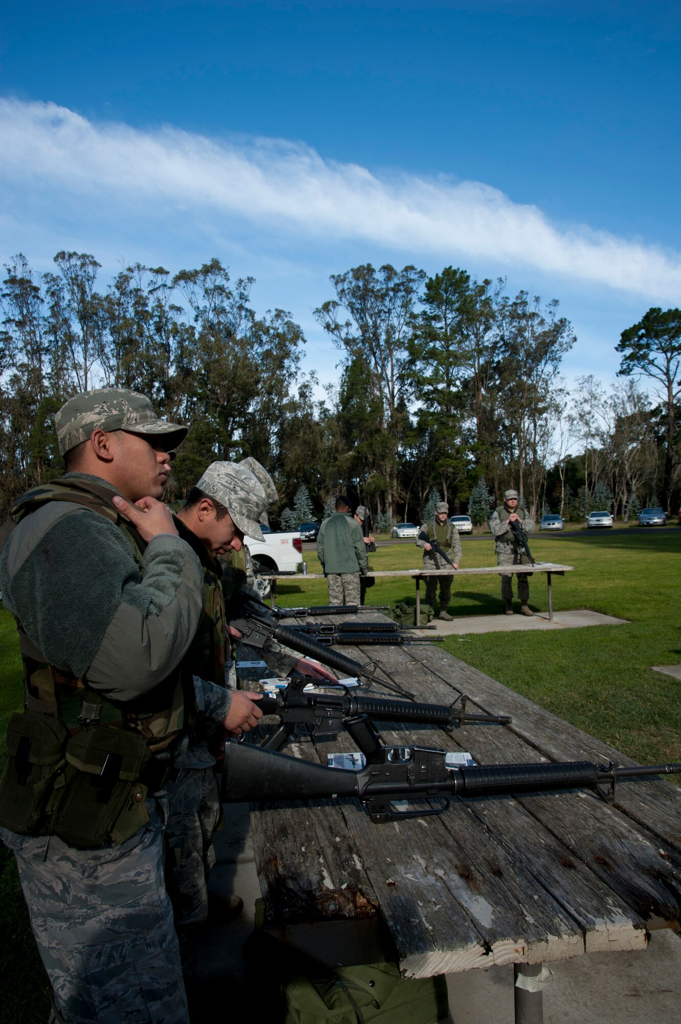 VANDENBERG AIR FORCE BASE, Calif. -- Team V members practice weapon checks on an M-16 rifle during training for a Northstar exercise at Cocheo Park here Monday, Jan. 7, 2013.  The Northstar exercise is designed to test the deployment capabilities and combat survival skills of Vandenberg Airmen. (U.S. Air Force photo/Senior Airman Lael Huss)
