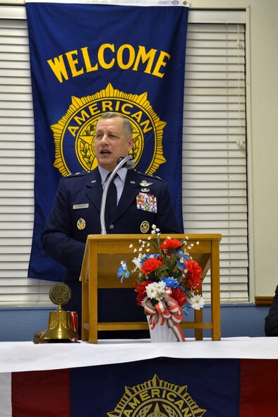 U.S. Air Force Maj. Gen Lawrence Wells, 9th Air Force commander, speaks to members of the American Legion, Sumter, S.C., Jan. 7, 2013. American Legion Post 15 has more than 800 members. (U.S. Air Force photo by Airman 1st Class Ashley L. Gardner/ Released)
