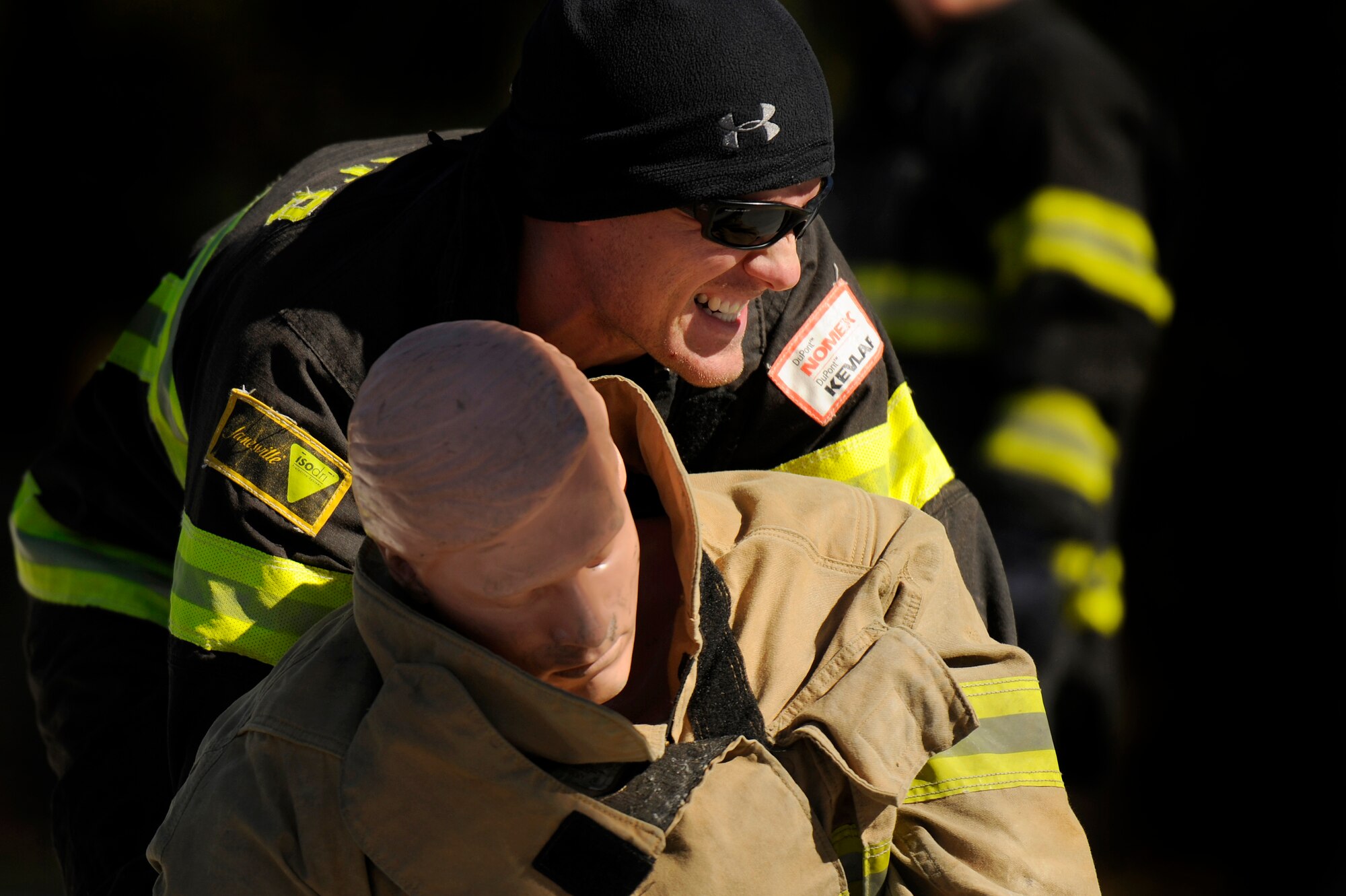 A Team Shaw 20th Civil Engineer Squadron firefighter digs in as he drags a 175-pound rescue dummy during a training session in preparation for the Scott Firefighter Combat Challenge worldwide competition in Myrtle Beach, S.C. The competition at Myrtle Beach took place Nov. 12 and 17, 2012 and Team Shaw’s firefighters took a prestigious 6th place amongst the top 20 teams in the team portion of the competition. (U.S. Air Force photo by Staff Sgt. Kenny Holston/Released) 