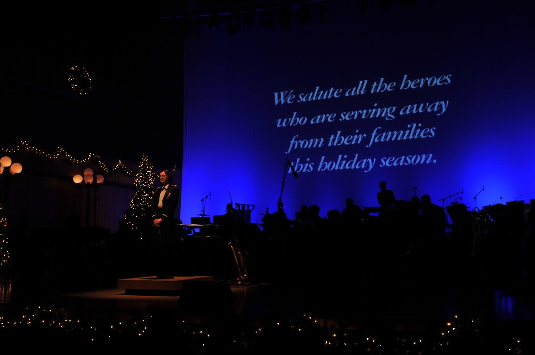 Guest conductor 2nd Lieutenant Shanti Nolan stands in support of the Air Force message saluting our deployed servicemen and women in "Heroes of the Season" for "A Hometown Holiday"