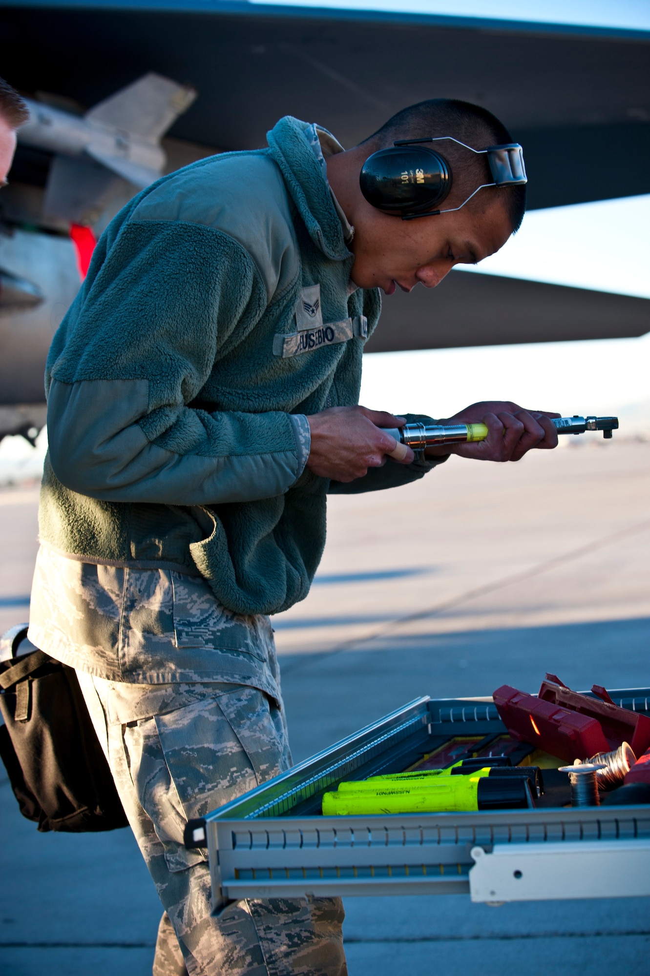 Senior Airman Armin Eusebio, 757th Aircraft Maintenance Squadron aircraft armament systems technician, checks his composite tool kit during a quarterly load crew competition, Jan. 4, 2013, at Nellis Air Force Base, Nev. The competitions give different aircraft squadrons the opportunity to display their skills to the 57th wing commander. (U.S. Air Force Photo by Airman 1st Class Jason Couillard)