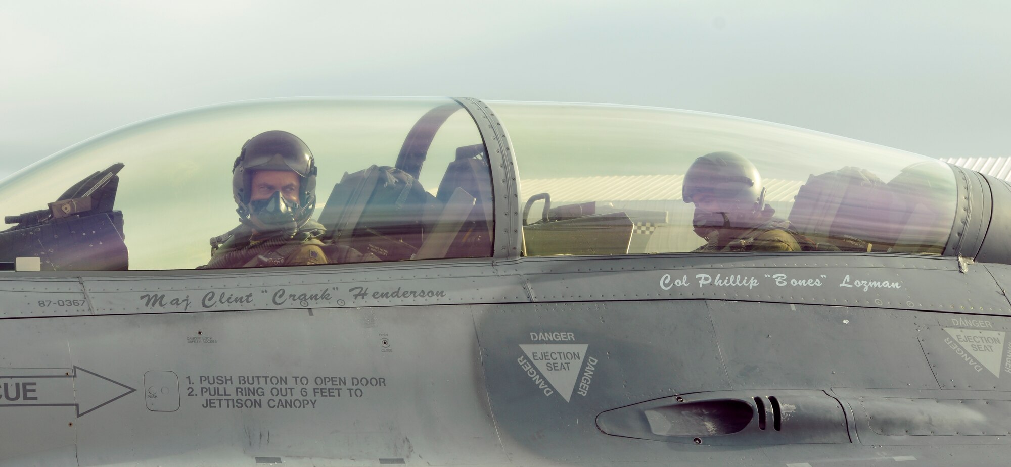 Lt. Col. Adam Meyers (left), 93rd FS F-16 pilot, and Air Force Academy Cadet Patrick Lobo get ready for takeoff before Lobo's F-16 orientation flight at Homestead Air Reserve Base, Fla., Dec. 21. Six Air Force Academy cadets, during their winter break, participated in orientation flights, flying in the backseat of an F-16 with pilots from the 93rd Fighter Squadron at Homestead Air Reserve Base, Fla., Dec. 17 through 21. Academy cadets are authorized an opportunity to ride on certain aircraft, Air Force wide, during a regularly scheduled training mission as a way of familiarizing them with the occupational Air Force. (U.S. Air Force photo/Senior Airman Jaimi Upthegrove)