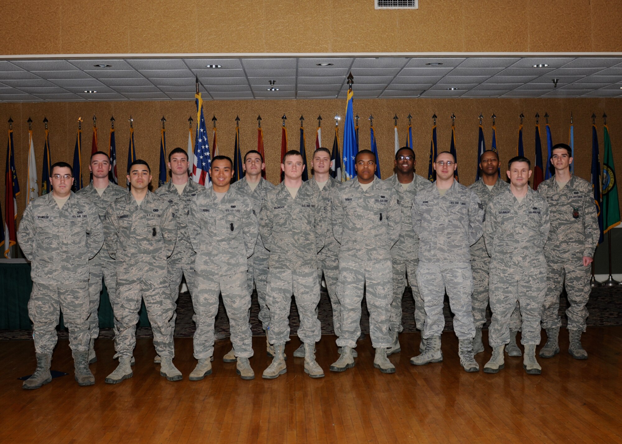 Fourteen of Team BLAZE’s newly promoted enlisted Airmen sewed on their next stripe at the enlisted promotions ceremony at the Columbus Club on Jan. 3. (U.S. Air Force Photo/Melissa Doublin)