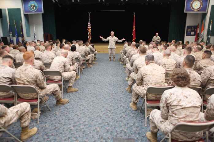 The 35th and current Commandant of the U.S. Marine Corps, Gen. James F. Amos, speaks to Marines serving in Bahrain in the Naval Support Activity Bahrain Multi-Purpose Room, Dec. 27. The Commandant and Sergeant Major of the Marine Corps visited Marines throughout U.S. Central Command's area of responsibility over the holiday season.
